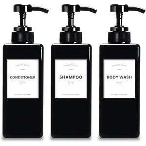 YUEYANG Black Shampoo and Conditioner Bottles, 16.9OZ Pack of 3 Empty Shower Bottles Rerefillable with Labels, Black Shower Dispenser with Pump (2.5 x 2.5 x 8 Inch)