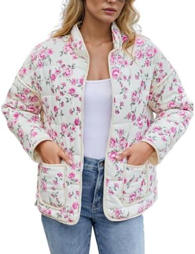 Aimiray Women's Cropped Floral Puffer Jacket Cardigan Printed Lightweight Open Front Padded Quilted Coats Medium