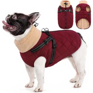 Queenmore Dog Jackets for Medium Dogs, Dog Coat with Harness Built in, Waterproof Pet Winter Coat with Zipper On Back Doggy Snowsuits Warm Soft Pet Jacket for French Bulldog, Poodle, Corgi, Burgundy M