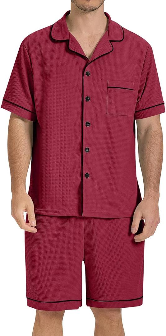 SIORO Mens Pajamas Set Short Sleeve Sleepwear Button Down Pjs Set Waffle Knit Loungewear Nightwear Shorts Set with Pockets (Medium, Red)