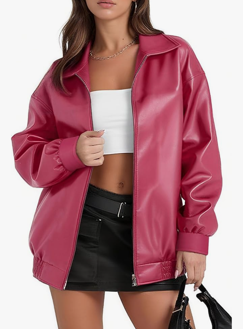 Women's Faux Oversized Leather Jacket, Zip Up Motorcycle Bomber Fall Jackets 2025, Vintage Y2K Tops Winter Coats L