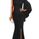 YMDUCH Women's Elegant One Bell Sleeve Side Split Long Paty Mermaid Formal Dress Black, S