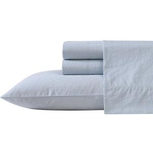 Queen/Full Sheet Set, Cotton Percale Bedding Set, Crisp & Cool, Lightweight & Breathable (Penny Pinstripe Blue, Queen/Full)