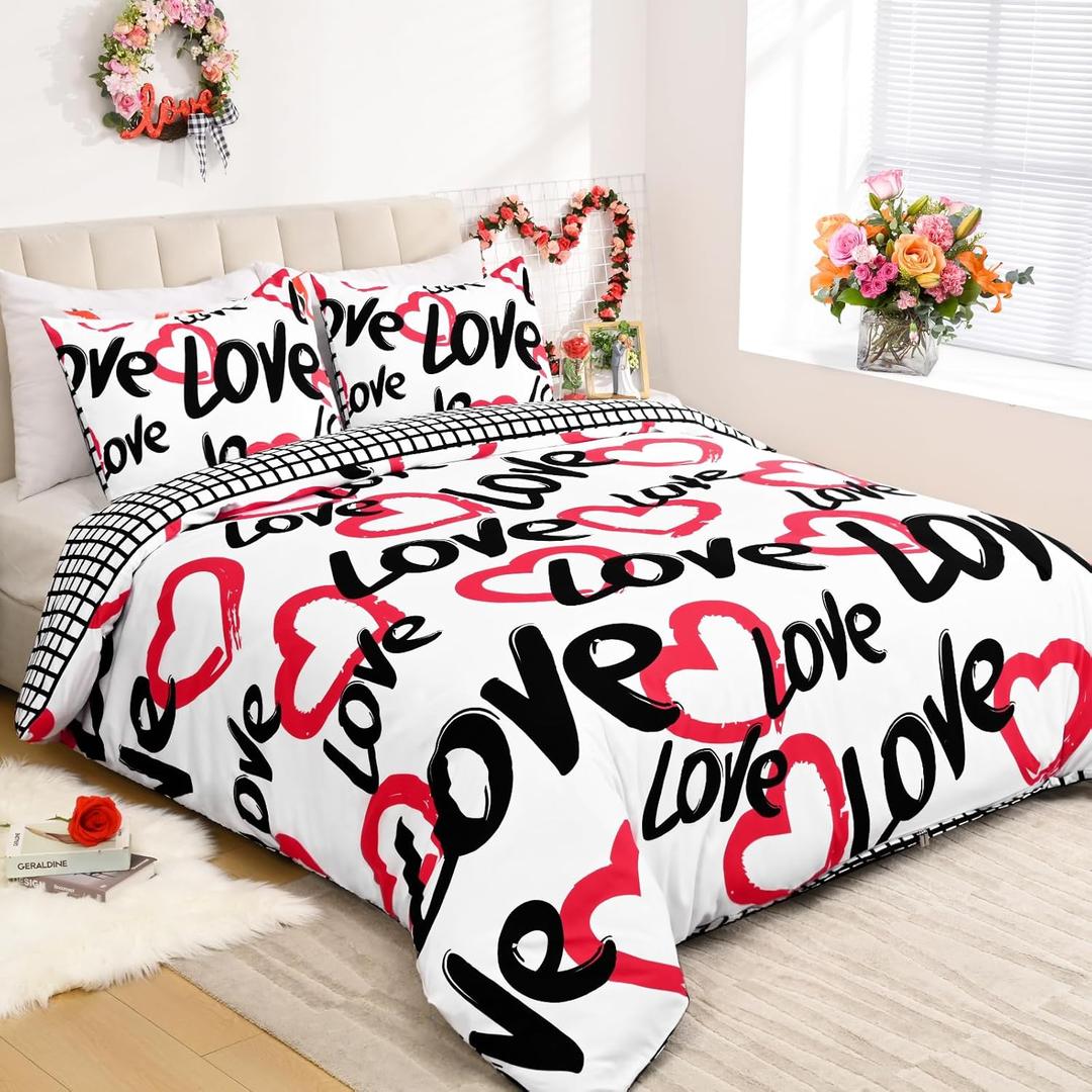 ASPMIZ Valentine's Day Duvet Cover King Size, 3 Pieces Love Hearts Duvet Cover Set with Zipper Closure, Checkered White Comforter Cover Set 1 Duvet Cover 104 x 90 inches and 2 Pillow Shams