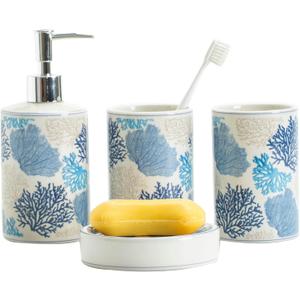 Blue Coral Bathroom Accessories Set Porcelain Coastal Bath Decor soap Dispenser Toothbrush Holder bumbler soap Dish Jewelry Tray Bathroom countertop Set for Beach Seaside Ocean Theme Bathroom Decor