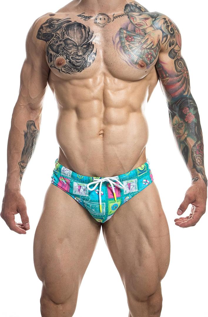 Mens Swim Brief Athletic Training Swimsuit Pouch Pad Bulge Bathing Bikini (Medium, Stamp)