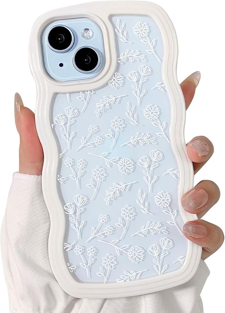 NITITOP Compatible for iPhone 15 Case Cute Clear Flower Floral Curly Wave Frame Shape Wavy Shockproof Soft TPU 2 in 1 Protective Phone Cover for Women Girl - Flower