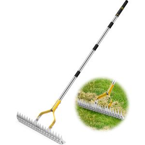Thatch Rake, 15 Inch Wide Lawn Thatching Rakes for Cleaning Dead Grass, Efficient Metal Steel Lawn Dethatcher with Sponge Handle, Lawn loosening Soil Grass Rake (Silver)
