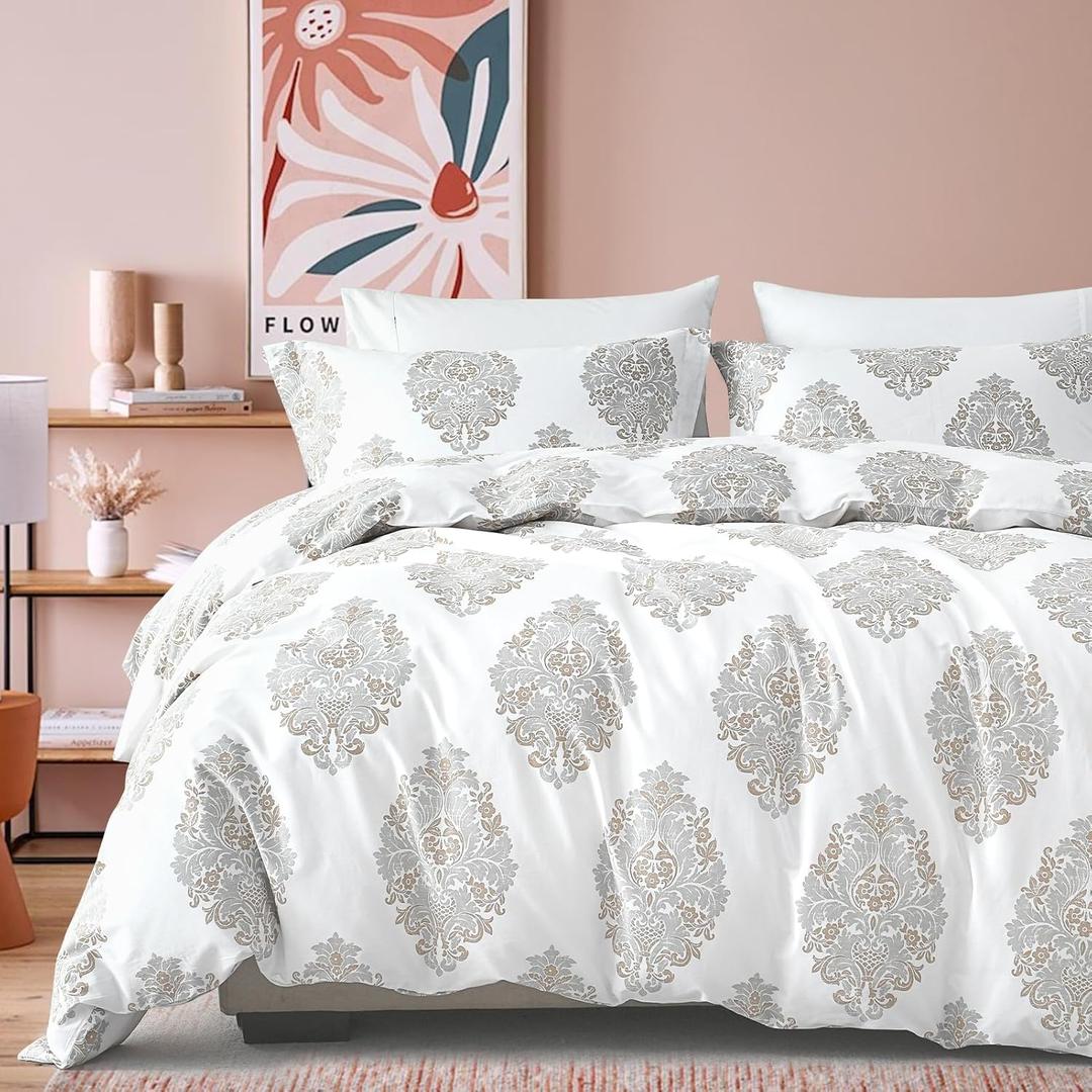 Y-PLWOMEN Duvet Cover King - 100% Cotton King Duvet Cover King Size, Damask Printed Duvet Cover, Ultra Soft and Breathable Bedding Duvet Covers for All Season, 104"x90", No Comforter