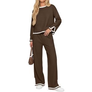 Women's 2 Piece Sweater Set Long sleeve Knit Top Wide Leg Pants Lounge Sweatsuit Fall Winter Outfits with Pocket (Brown)