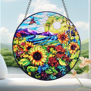 HOTIYOK Sunflower Stained Glass Window Hanging, Flowers for Kitchen Indoor Decorations, Gifts for Mom Women Grandma Teacher Nature Lovers