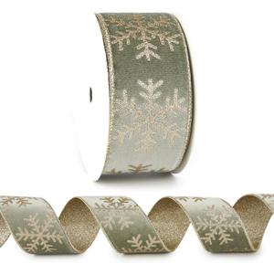 Snowflake Velvet Ribbon 2.5" x10 Yards Sage Green Velvet Ribbon with Champagne Gold Backside Reversible Dusty Green and Gold Christmas Wired for Tree Decoration, Wreaths, Home Decor