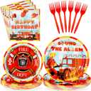 2 x Grencian 96Pcs Firefighter Birthday Party Decorations Fire Truck Party Plates Disposable Firetruck Birthday Paper Tableware Set for Kids Fireman Fire Truck Supplies, Serves 24