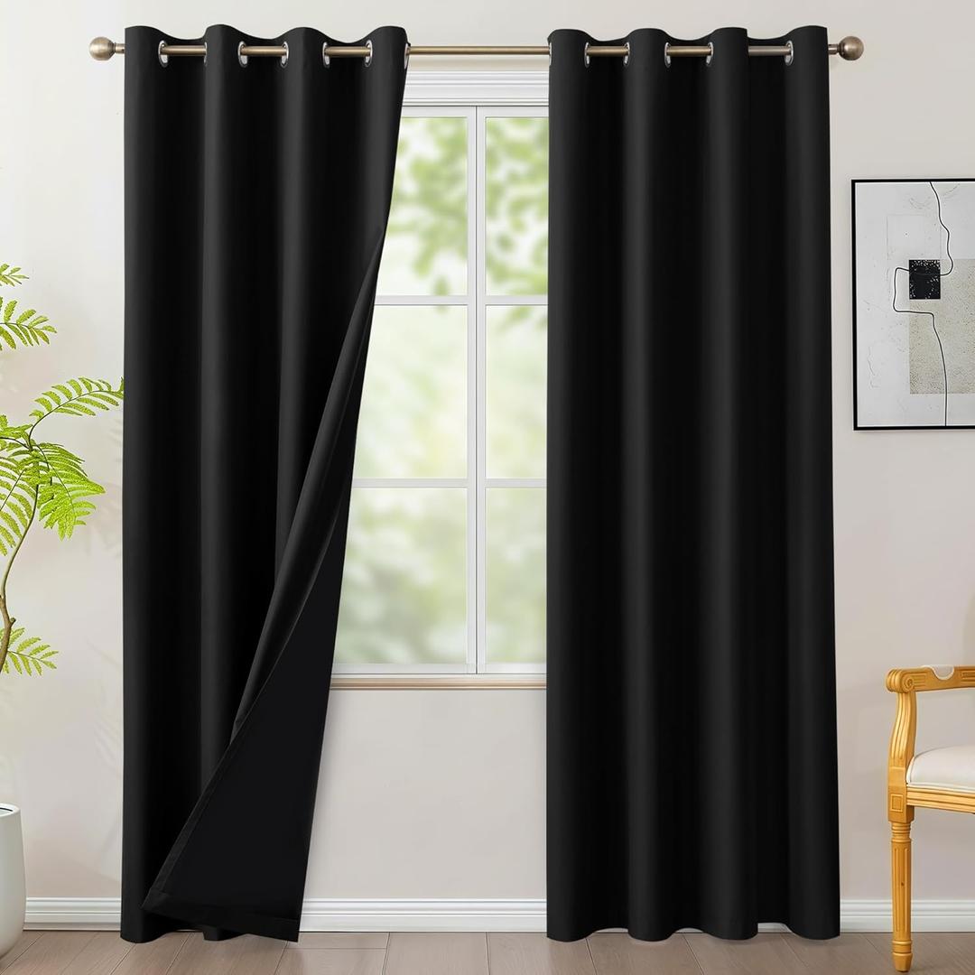BONZER 100% Blackout Curtains for Bedroom - Light Blocking Window Drapes with Black Backing, Privacy Protection Single Layer Room Darkening Curtain for Living Room, 54 x 84 Inch, Black, 2 Panels