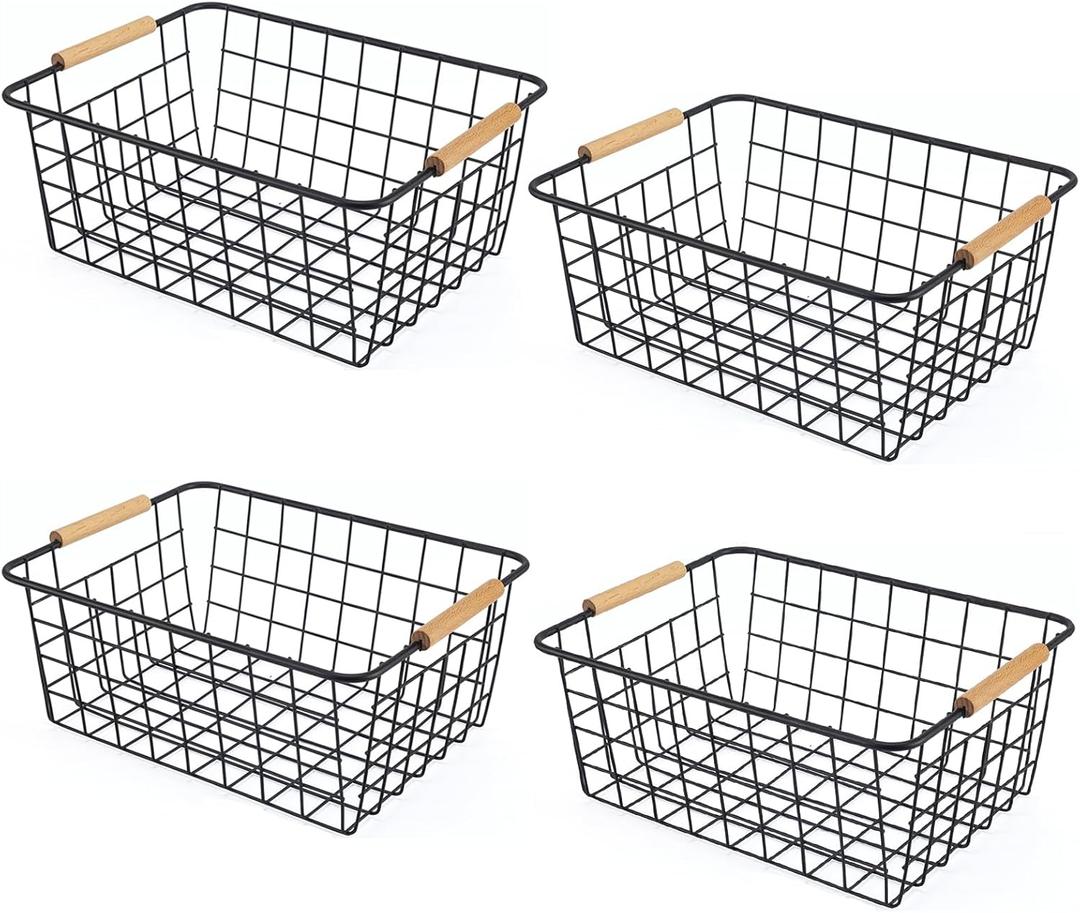 Wire Basket 4 Pcs Wire Storage Baskets Wire Baskets Organizing with Wooden Handles Wire Basket Pantry Organization and Storage Metal Wire Food Storage Basket for Kitchen, Cabinets (Black, 4PCS)