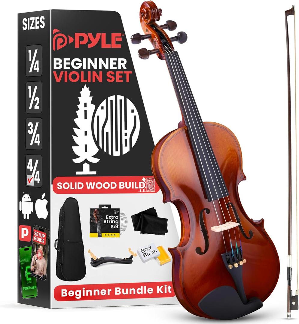 Pyle 4/4 Full Size Acoustic Violin Premium Solid Wood  Complete Violins Set with Hard Case, Bow, Extra Strings, Rosin, Full Accessories Kit - Mobile App Tuner 2 Month Free Lessons for Kids & Adults