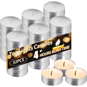 Tea Light Candles 32Pcs, 4 Hour Long time Burning, Bulk White Unscented Smokeless Tea Candles for Home, Shabbat, Weddings, Events, Emergencies (32Pcs-White)