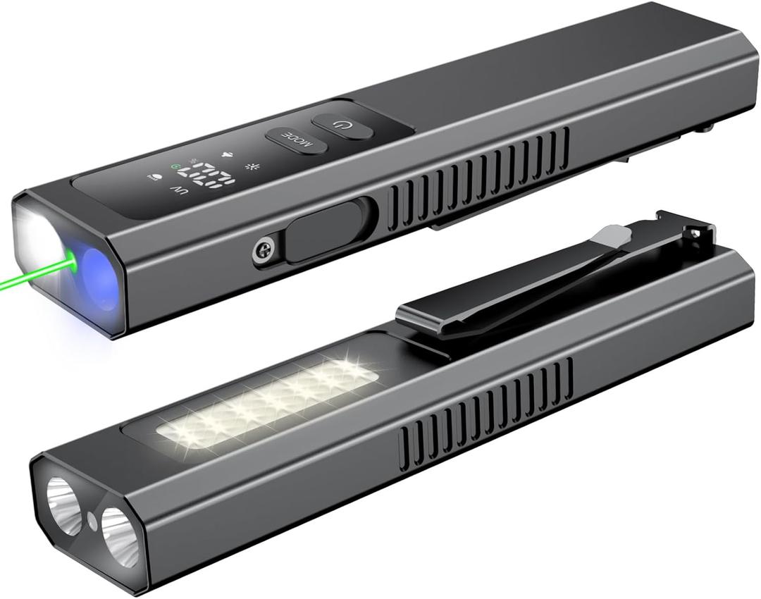 5 IN1 Rechargeable EDC Flat Flashlight, PRO Flashlight with Green Beam, UV and White LED Combo, High Lumens Pocket Lights with Magnet, LT010 Four Sources Perfect for Checking Work (Black)