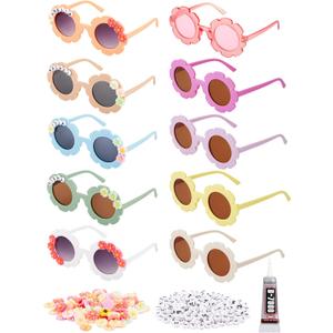 Dunzy 10 Pairs Kids Round Flower Sunglasses DIY Glasses Outdoor Eyewear for Kid with 50 Daisy 100 Random Letter Beads(Lovely Color)