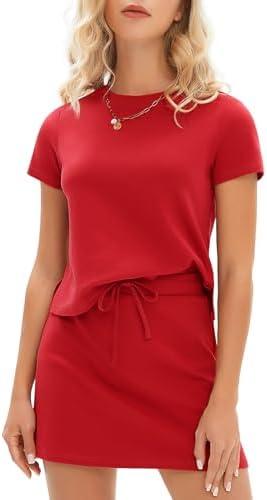 EXLURA Womens Summer 2 Piece Short Skirt Sets Short Sleeve Tshirt Matching Tennis Skort Dressy Cotton Travel Vacation Outfits, Small