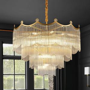 31.8" Large Modern Glass Gold Chandelier Light Fixture Luxury Glam 4-Tier Crystal Chandeliers for Dining Room 18-Light Round Hanging Ceiling Pendant Lighting for Living Room Bedroom Foyer