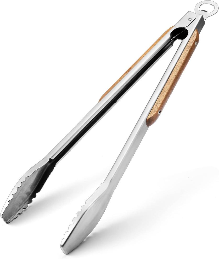 Wood-Handled Grill Tongs, 19.5"/50cm Extra Long BBQ Tongs, Heavy Duty Premium Stainless Steel Metal Tongs with Solid Wood Handles, for Charcoal, Grilling, BBQ, Barbecue, Cooking