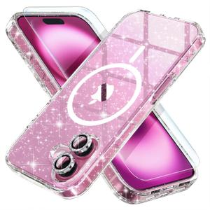 Choiche for iPhone 16 Case Magnetic, Women Clear Glitter Bling Sparkly Case, [2xDiamond Camera Lens Protectors] [2xTempered Glass Screen Protectors] [Compatible MagSafe] 6.1" (Glitter Clear)
