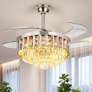 i-POOK Fandelier Ceiling Fan with Lights and Remote, 42'' Crystal Chandelier Fan with 4 Retractable Blades, 6 Wind Speeds, for Bedroom, Living Room, Silver