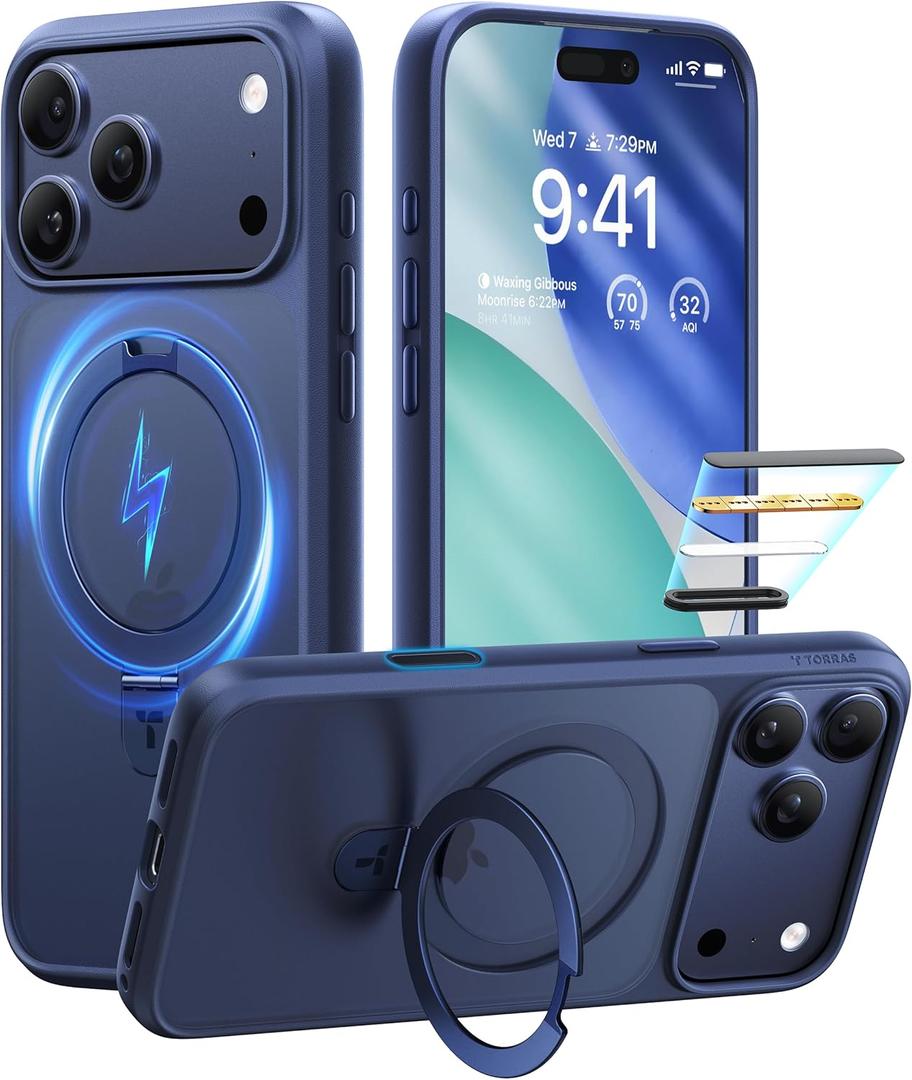 TORRAS Ostand for iPhone 17 Pro Max Case, Camera Control, Fit for MagSafe, Military-Grade Protection, Magnetic Slim Translucent with Stand Anti-Fingerprint Phone Case for iPhone 17 Pro Max, Deep Blue