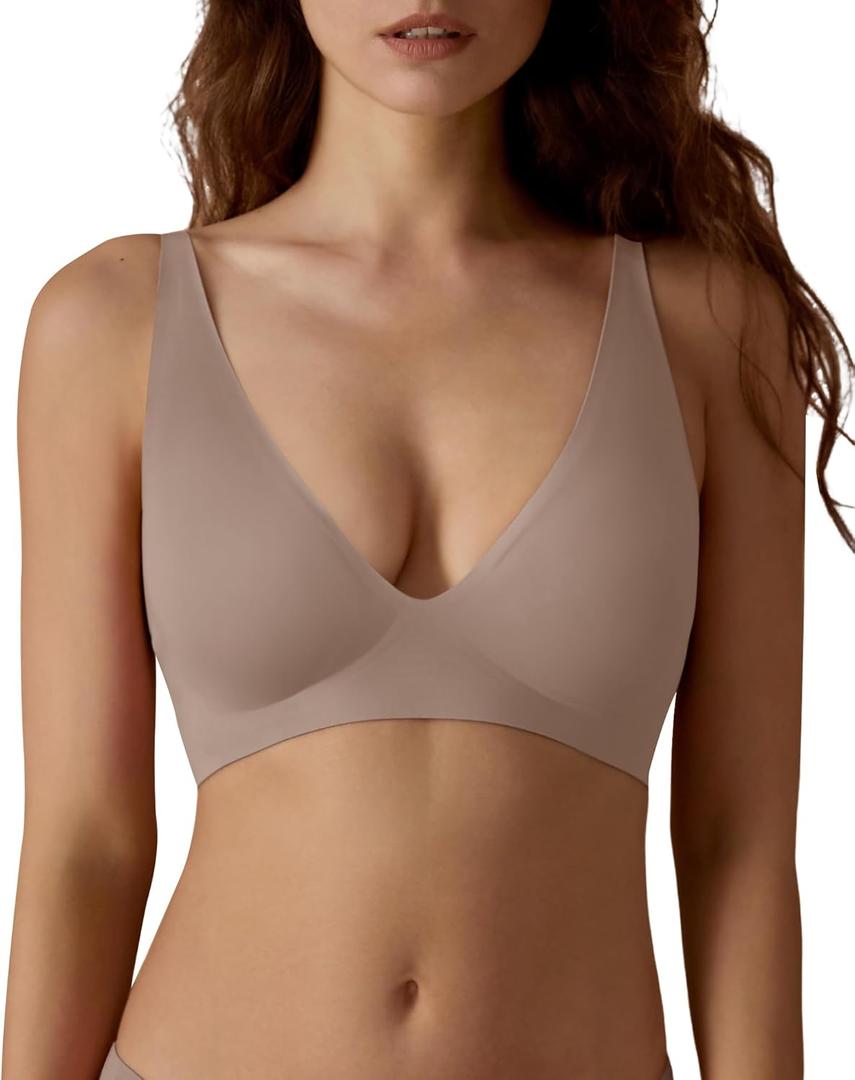 SHARICCA Pro Seamless Bra for Women Deep V Neck Wirefree Bra Adjustable Strap Comfort Sleep Bra Removable Padded Bralette (X-Large, Coffee)