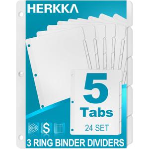 5-Tab Binder Dividers, HERKKA 3 Ring Binder Dividers with Reinforced Edge, 3 Hole Punch Section Index Dividers for Binders, 1/5-Cut Tabs, Letter Size, White, 120 Dividers