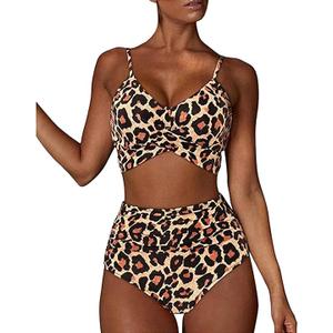 Women's Two Piece Tummy Control Swimsuit Sexy Modest High Waisted Swimwear Leopard Print Triangle Bikini Sets Large, Leopard