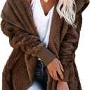 Dokotoo Womens 2025 Winter Long Sleeve Solid Fuzzy Fleece Open Front Hooded Cardigans Jacket Coats Outerwear with Pocket (Small)