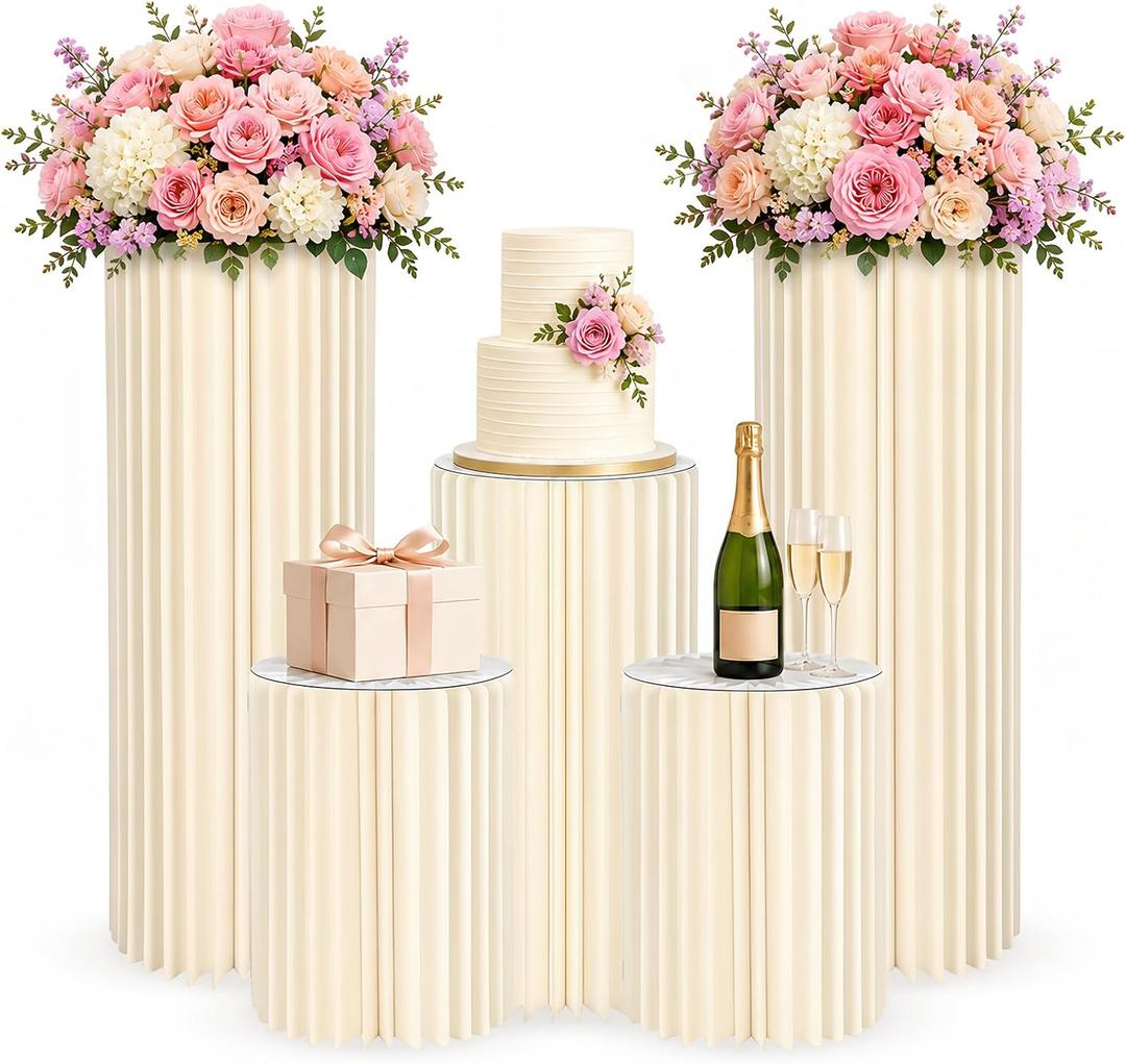 5Pcs Cylinder Stands for Party, Foldable Cardboard Pedestal Stands for Display Round Columns Cylinder Pedestal with Acrylic Disc, Cake Stand Cylinder for Parties Baby Shower Birthday Wedding Decor