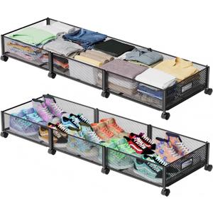 Under Bed Storage with Wheels 47.2"(L)/57.6L Large Rolling Under Bed Storage, Metal Underbed Containers on Wheels, Tool-Free Assembly Foldable Metal Underbed Drawers for Shoes Clothes Toys (Pack of 2)