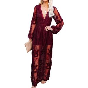Womens Deep V Neck Short Sleeve Floral Lace Dress Long Bridesmaid Maxi Dresses (Burgundy-0), XL