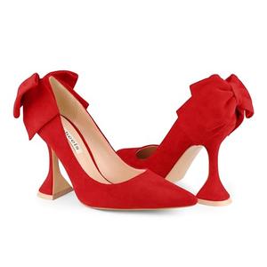 Zzheels Women's Bow High Heels Closed Toe Heels with Bow Chunky Heels Bridal Wedding Shoes Red Suede US6 Size 9