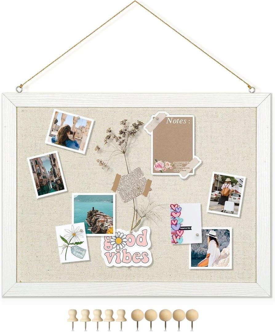 DOLLAR BOSS Bulletin Boards with Linen 1-Pack 16''X 12'' Double-Sided Cork Board for Walls Wood Framed Bulletin Boards, Small Pin Board for Home Kitchen Office Decorative Hanging 10 Pushpins (White)