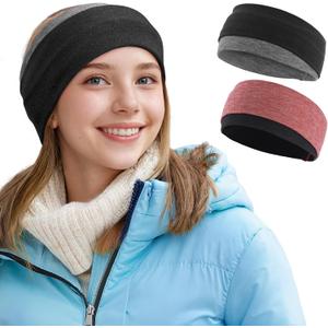 Sukeen Ear Warmer Headband for Women, Double-Layer Warm Winter Headbands for Women, Ear Muffs for Running Cycling Sports (z Black Red, 2 pack)