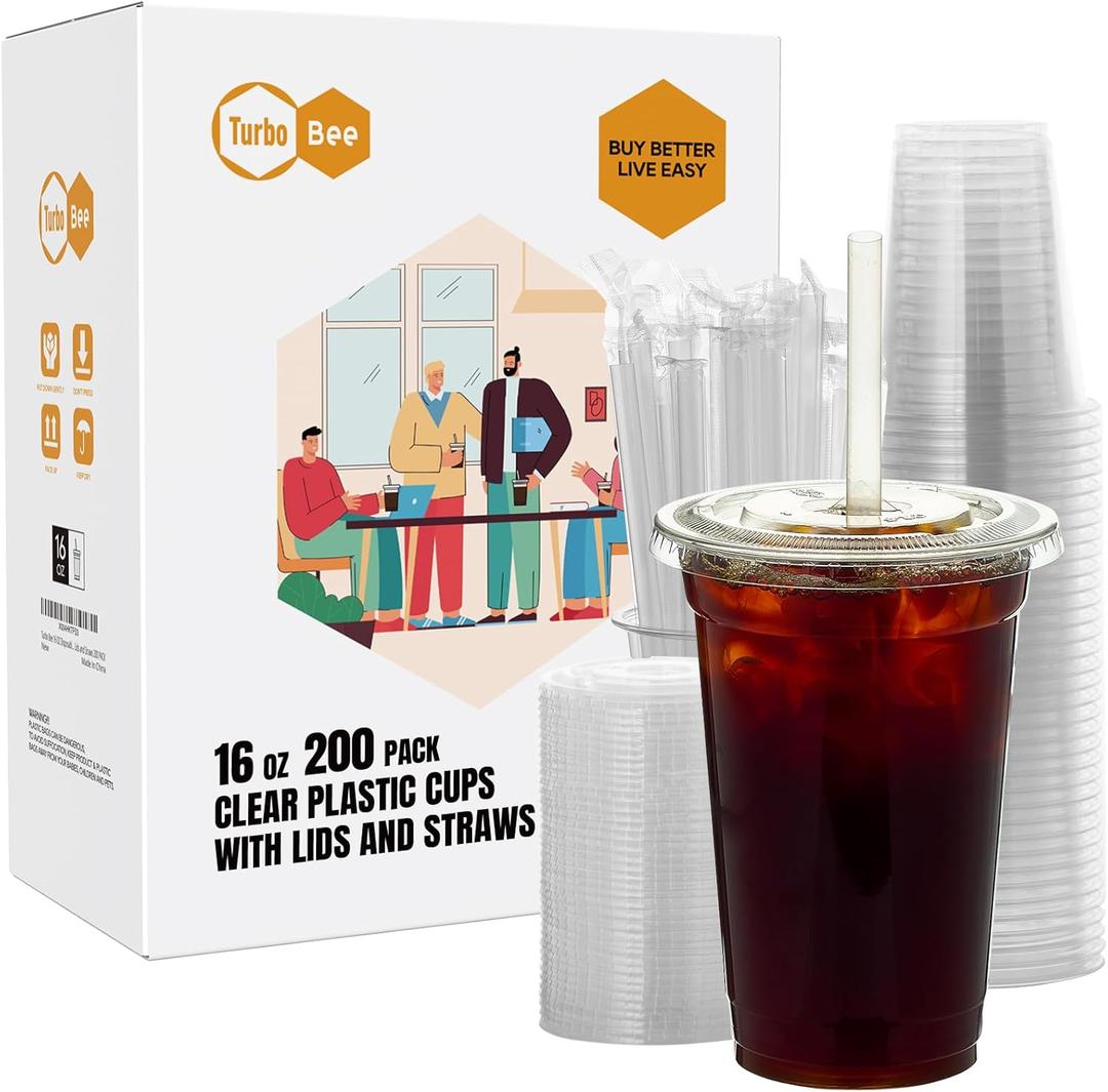 Turbo Bee 200 Sets 16 OZ Clear Plastic Cups with Lids and Straws, Disposable To Go Iced coffee cups with lids for Cold Drinks, Smoothie, and Slushie