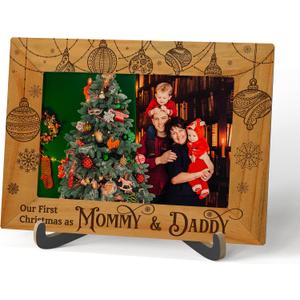 2 x Christmas Picture Frame, Our First Christmas As Mommy And Daddy Picture Frame, Wooden Tabletop Photo Frame With Stand, Winter Holiday Christmas Frame Gifts For New Mommy Daddy -C08