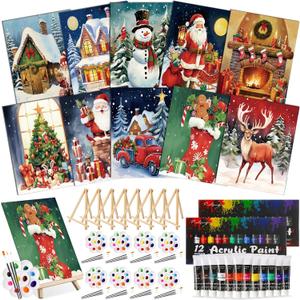 Ctosree 72 Pcs Christmas Paint and Sip Kit for Adults 8'' x 10'' Pre Drawn Canvas for Painting DIY Pre Printed Canvas for Party Favor Afro Acrylic Painting Kit Wood Easel Brushes Date Night Bulk