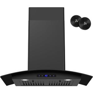 FIREGAS Range Hood 30 inch, 600 CFM Wall Mount Glass Kitchen Hood Ducted/Ductless Convertible with 3-Speed Fan, Screen Control, Time Setting, LED Lights, Black Painted Stainless Steel Vent Hood