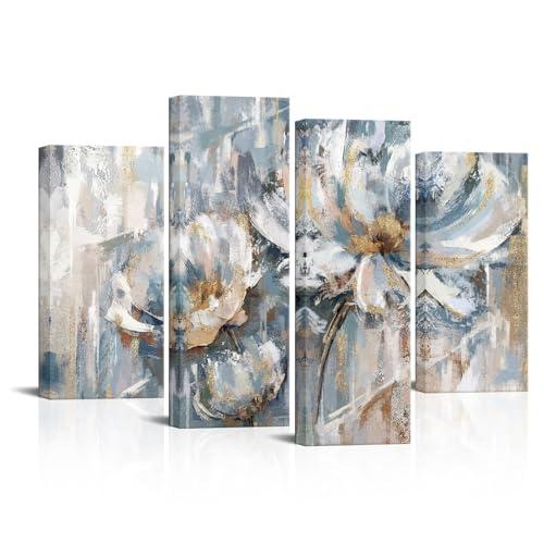 KLVOS 4 Panel Blossom Flowers Canvas Art Wall Pictures Abstract Floral Prints Artwork Blue Gold Painting Print on Canvas Home Living Room Bedroom Wall Decor Ready to Hang