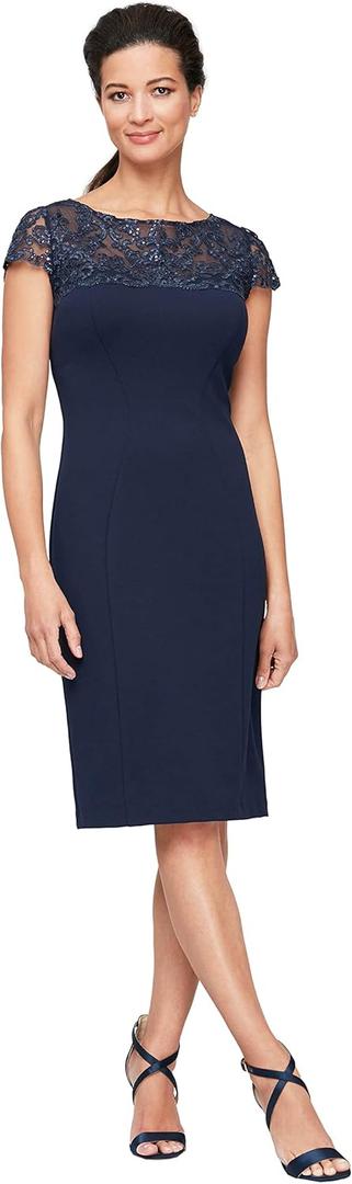 Alex Evenings Women's Short Embroidered Cocktail Dress, Wedding Guest (14, Navy Crepe)