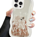 Jusy Compatible with iPhone 13 Pro Case with Wavy Edge, Cute White Branch Flower Mirror Curly Phone Cases, Shockproof Hard PC & Soft TPU Bumper Protection Cover for Women GirlsBranch Flower