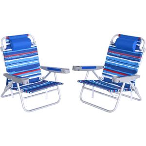 SUNNYFEEL Extra Wide Low Beach Chair 2 Pack 5 Position Lay Flat 500 LBS Heavy Duty, XL Oversized Folding Camping Chairs with Cup Holder for Outdoor/Sand, Portable Backpack Beach Chair for Adults (Darkblue Stripe-2set)