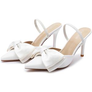 CAMSSOO Slingback Kitten Heels for Women Suede Stiletto High Heeled Mules Bow Pointed Toe Pumps Wedding Party Dress Shoes White Size 9