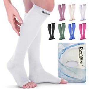 Doc Miller Open Toe Compression Socks, 20-30 mmHg, Toeless Compression Sleeves for Legs, Knee High Stockings for Shin Splints, Varicose Veins, Travel, Calf Support & Muscle Recovery, Men & Women, Pair (Large Tall, White)
