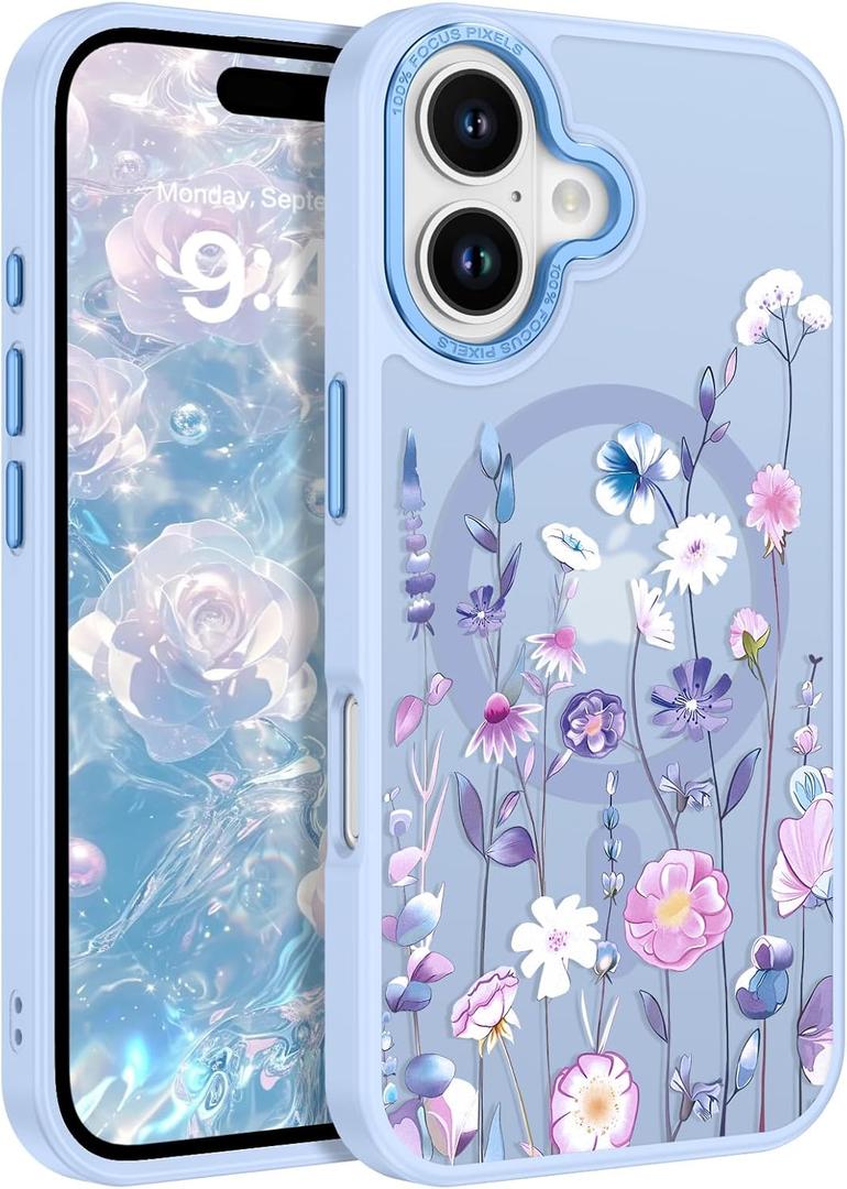 BENTOBEN Magnetic for iPhone 16 Case with Cute Flowers Floral Design Shockproof Protective Bumper Pattern, [Compatible with MagSafe] Translucent Matte Women Girl Protective Cover for iPhone 16, Blue